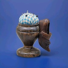Antique Wooden Pin Cushion with Thimble Holder