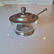 Antique Glass And Pewter Sugar Jam Jar With Lid And Spoon Vintage