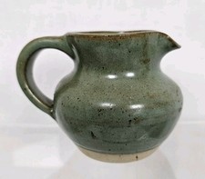 Studio Pottery Jug Green Glaze Tan Tones Natural Clay Base 7.5cm High Ash Glaze
