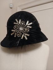 BNWT Church Derby Hats Black Wool with Feather & Crystal Trim Cloche Hat