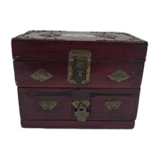 Vintage Chinese Wood Jewelry Box Brass Jade Inlay Silk Lined Trinket Chest READ