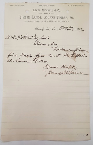1892 letter leavy mitchell - 1892,