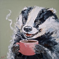 Oil Painting of Badger Enjoying a Cup of Coffee, Wildlife Original Painting 6x6"