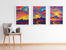 Set of 3 Abstract Sunset Landscape Wall Art Paintings Print Posters 