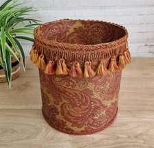 Vintage Round Tassel Braid Waste Paper Basket Kitsch Tin Bin Burnt Orange