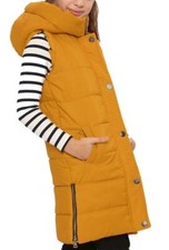 Women Hooded Quilted Long Puffer Zip Up Gilet Jacket Padded Winter Body Warmer