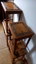 Vintage Solid Wood Nest of 4 Tables/ Stools Plant Stand/ Side Tables Handcarved 