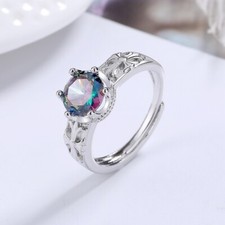 Round Crystal Stone Adjustable Ring 925 Sterling Silver Women Girls Jewelry Gift