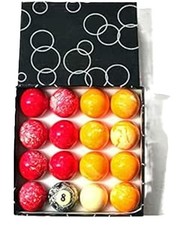 MARBLEIZED REDS AND YELLOWS 2" POOL BALLS. UK POOL STANDARD SIZE