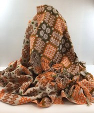 Vintage Large Welsh Wool Blanket-Hand Woven-Beige/Orange/Brown/Green