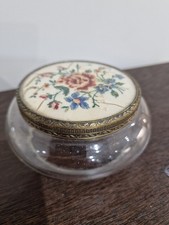 Vintage Art Deco Clear Glass Vanity Powder  Bowl + Petit Point Embroidery Lid