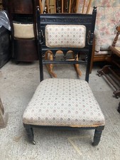 Vintage Antique Wooden Low Seat Bedroom Nursing Chair on Castors Fabric Seat