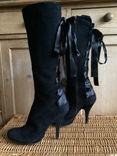 PURA LOPEZ SPAIN BLACK SUEDE RIBBON BACK LONG STILETTO HEEL BOOTS SIZE 37 UK 4