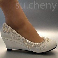 su.cheny 2” Wedge lace pearls white light ivory Wedding Bridal shoes size 5-10.5