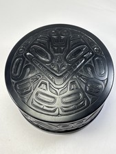 Boma Canada Round Carved Lidded Box 5.5" Large Black PNW Haida Indigenous Vtg
