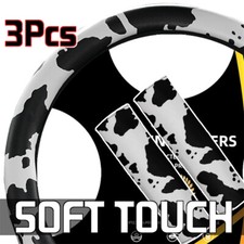 3pcs/set Car Steering Wheel Cover + Seat Belt Pad Cow Print Leather Non-slip UK.