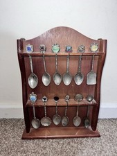 Vintage Souvenir Silver Plated Spoons & Wood Display Rack (12)