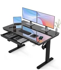 120x60cm Glass Standing Desk with Drawers Height Adjustable Stand Up Desk Black 