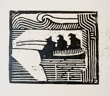 Cor Visser (1903-1982) Abstract linocut three fisherman in a boat. Monogrammed.
