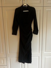 Zara Black Linen Blend Draper Shirt Long Sleeve Midi Dress Ruched Detail Large
