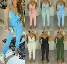 Ladies V Neck Wrap Over Tie Waist Ankle Tie Jumpsuit Strappy Cami RomperV