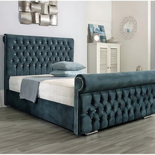 New Sleigh Bed Frame Plush Velvet Upholstered Ottoman Gas Lift Storage Double UK