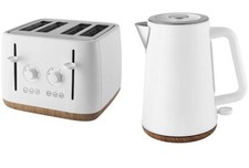 White Kettle And 4 Slice Toaster Set Matt Finish Scandi Wooden Effect