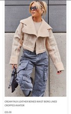 Brand New PLT cream faux leather boned waist Borg lined cropped aviator jacket