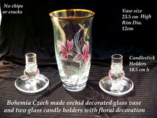 Bohemia Czech Glass orchid decorated glass vase & pair of glass candle holders