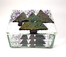 Fused Art Glass Trinket Box Artist Signed Mirrored Beveled Christmas Pine Trees