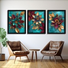 Teal & Gold Floral Wall Art