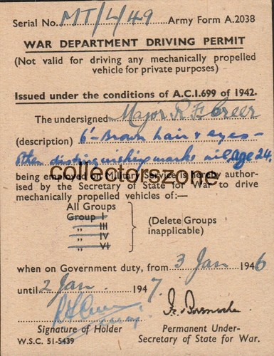 1946 war dept driving permit - war,