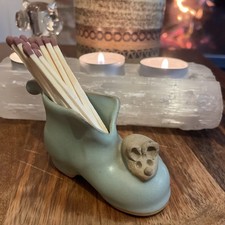 Unique Pottery Boot Matches Holder With Little Mouse  On The Toe
