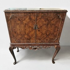 Antique Burr Walnut Cocktail Drinks Cabinet On Queen Anne Legs 1920s