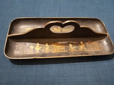 Mid-1800 Chinoiserie Lacquered Papier Mache Double Pen Tray Desk Tidy/Pin Tray