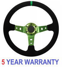 SUEDE DEEP DISH STEERING WHEEL GREEN SPOKES 13.7" RACE RALLY TRACK DISHED 350MM