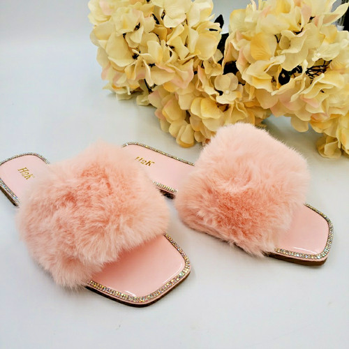 Faux fur rhinestone slippers - rhinestone,