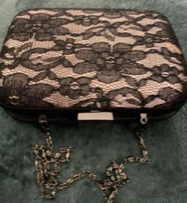 Phase Eight Clutch Box Bag Pink with Black Lace Metal Clasp and Chain Strap