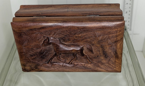 Carved wooden horse box - carved, red
