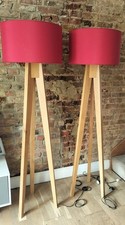 Pair Solid Oak Tripod Lamp Floor Lamp An Shade Only Fully Working Good Condition