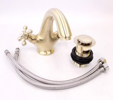 HEXMIXER Brushed Gold Bathroom Sink Mixer Tap w/ Cross Handles & Waste - G24