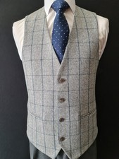 Mens Grey Tweed Check Blue Wedding Evening Formal Suit Waistcoat