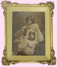 1880-1910 Crystoleum Dog, Kitten and Child Period Gilt Frame Photograph