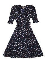 80s Vintage Cockney Rebel Black Floral Belted Daywear Dress Women's 12