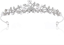 Flower Rhinestone Pearls Crowns Headband, Silver Crystal Bridal Crown Tiara for 
