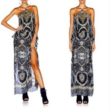 Camilla Dress Size 1 AU 8-10/US 4-6 Maxi Halter Constantinople Blue Floral Silk