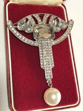 Stunning Art Deco Style Geometric Crystal & Pearl Silver Tone Brooch Shawl Pin