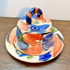 Vintage Robert Wilson Pottery Cheese Dish Hand Painted Abstract Durham 1980s