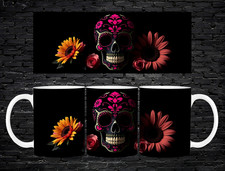 Sugar Skull Mug 11oz Black Floral Gothic Day of the Dead Art Coffee Tea Cup