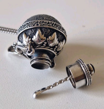 Vintage Sterling Silver Rare Powder Bottle Pendant w Spoon Long Chain & Dog Clip